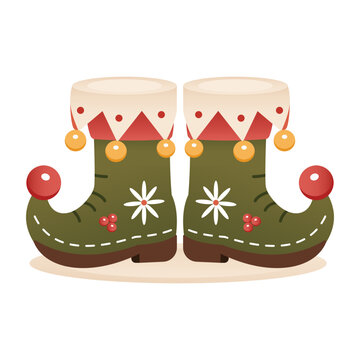Elf Boots pair curled green toes with cream cuffs patterned in red and gold. White snowflakes and pom poms suit Christmas costume cards and labels.