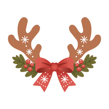 Reindeer Antlers form a brown pair around a red bow with holly leaves and berries. Tips and leafy accents suit Christmas costumes and party cards.