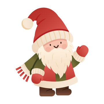 Bearded Gnome wears an oversized red hat above a cream beard and green coat. Red mittens and short dark boots suit Christmas cards and garden labels.