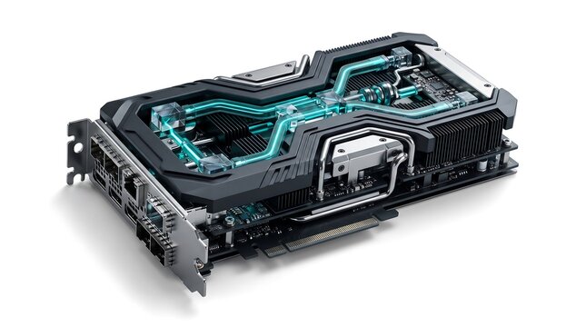 High Performance Graphics Card and GPU Concept with Liquid Cooling System and Glowing Turquoise Tubes Featuring Technical Render Style Over White Background