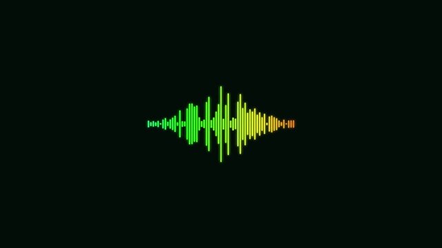 Digital audio waveform equalizer display, glowing green and orange sound wave visualizer on black background, futuristic music signal motion graphics