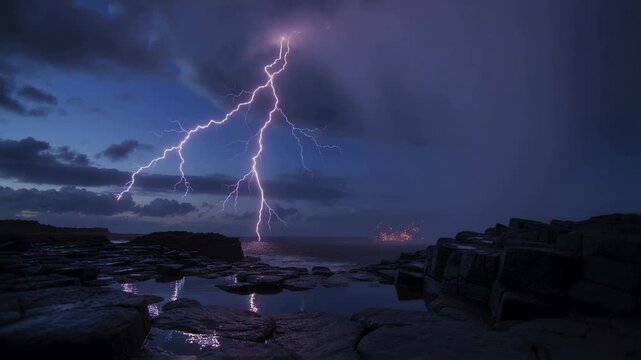 Striking lightning column falling from clouds hitting sea branching over columnar rocks discharging