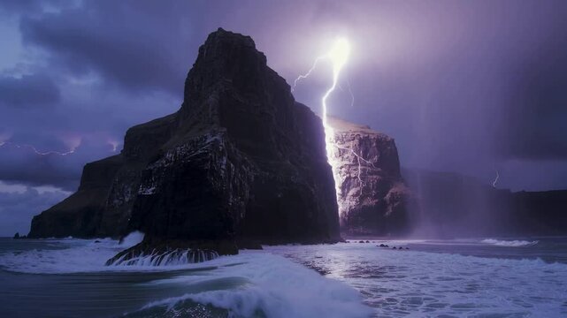 Enduring sea stack taking vertical lightning bolt branching during stormy night on coast