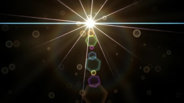 Abstract optical lens flare background with glowing starburst light rays, cinematic warm bokeh particle effect overlay for video transition