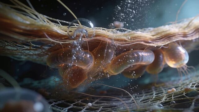 Extruding filament, amber tubules releasing bubble column under bundled strand above mesh substrate