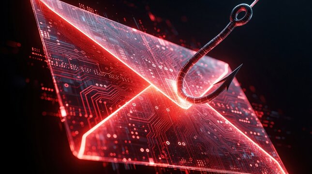 Cyber attack concept with glowing digital envelope, metal fishing hook. Phishing scam icon shows security breach via email. Red circuit board pattern represents hacking threat, data theft, computer