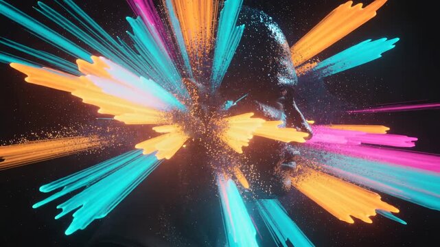 Futuristic Human Head with Colorful Digital Particle Explosion