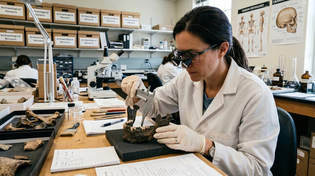 Archaeologist examines ancient jawbone with calipers in lab studying history science research and paleontology discovery