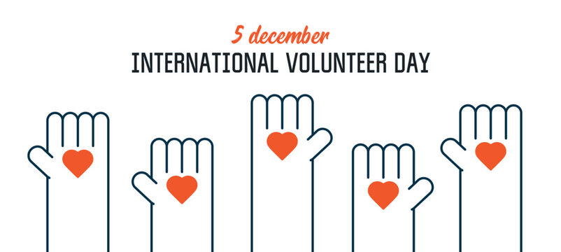 Volunteer day typography, raised hands holding hearts in open palms illustration. Volunteer work, helping hand, charity concept. Offering help, support, care. Line vector design element