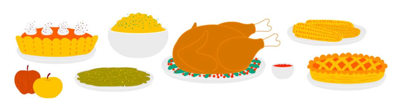 Thanksgiving dinner with roasted turkey, pumpkin, apple pie, side dishes illustration isolated set. Traditional holiday food design elements, clip art, hand drawn vector. Family dinner, celebration