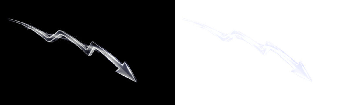 Silver glass zigzag arrow pointing downward to lower right with glowing light trail and sparkling particles PNG, isolated on transparent background