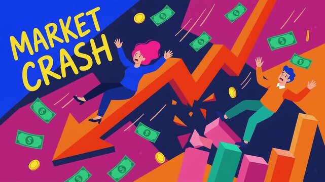 People falling and panicking during a sudden stock market crash with plunging economic charts.