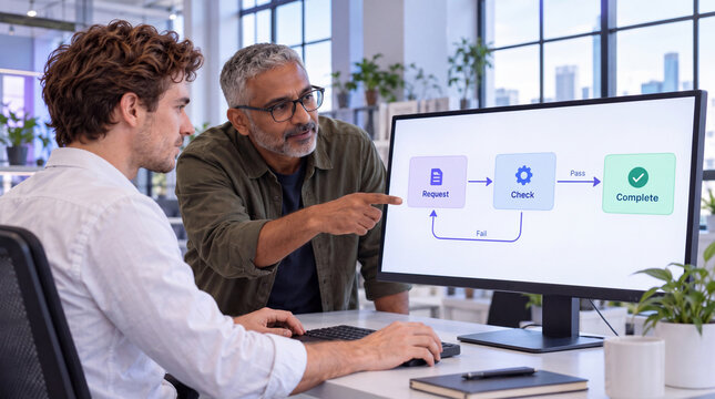 Colleagues reviewing a request validation workflow on a monitor