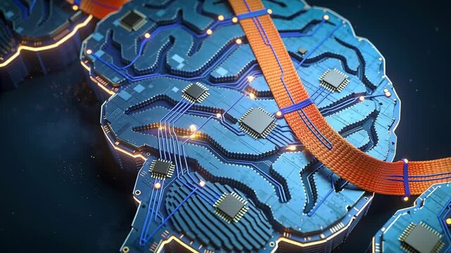 Pulling camera causing central brain PCB pulsing in studio, orange ribbon, LEDs showing data flow