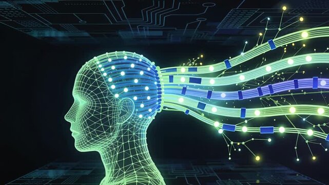 Pulsing scalp nodes on neon wireframe head initiating data ribbons in circuit grid, copy space