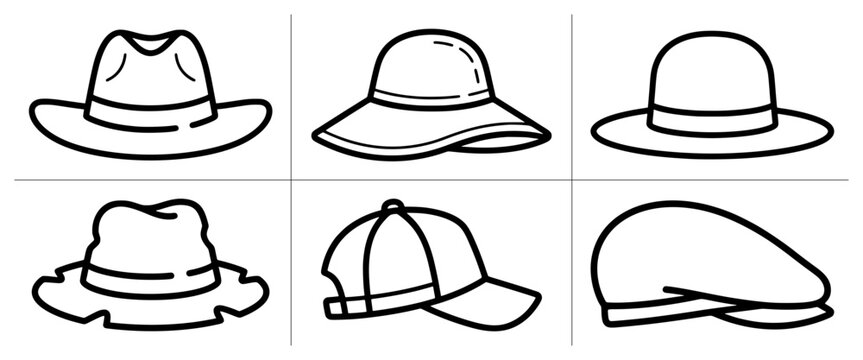 Hat line icons set with fedora, bucket hat, bowler, baseball cap and flat cap for fashion and style apps