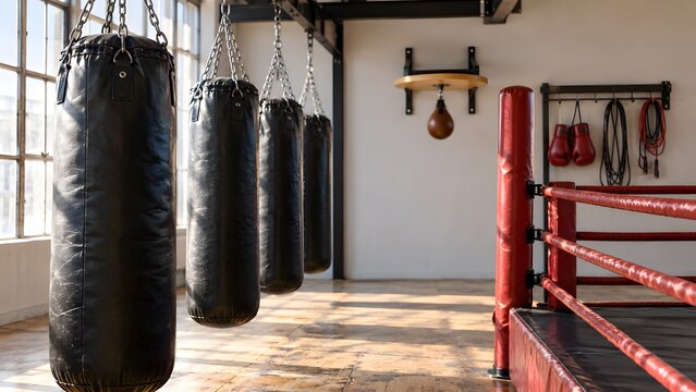 Empty boxing gym with a row of leather heavy bags on chains a speed bag platform a ring corner and a glove rack