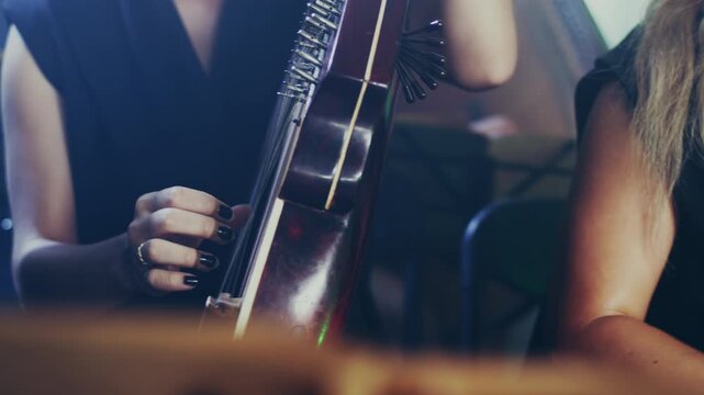 Woman plucking strings zither closeup. Folk ensemble performing concert stage.