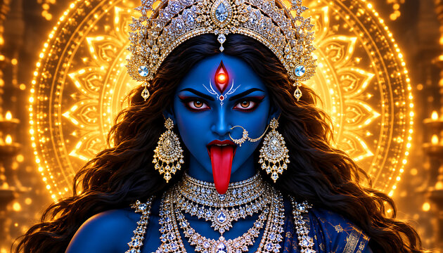 Majestic blue skinned goddess standing against a radiant glowing background wearing heavy diamond jewelry for kali puja ceremonies during auspicious diwali season