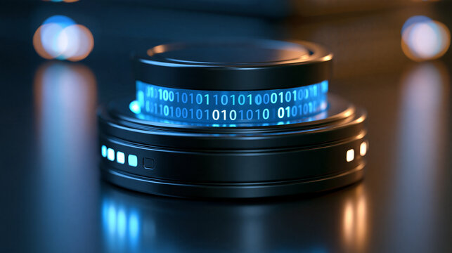 Modern black database server icon with a digital display, minimalist tech symbol showing binary code numbers on a smart device, cyber security hardware for data storage and cloud