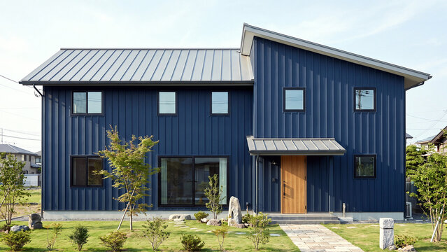 深い紺色の縦張り外壁と片流れ屋根を持つ新築二階建て一戸建て住宅を正面から見た庭付き外観