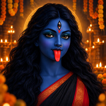 Beautiful deity with blue skin and third eye wearing traditional saree during religious kali puja event and warm glowing diwali lighting background