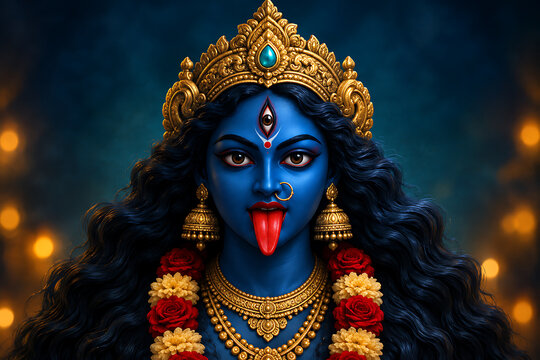 Majestic blue skinned mythological figure wearing golden crown and floral garland standing gracefully for sacred kali puja ceremony and bright diwali holiday