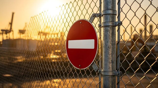 No entry sign on chain link fence in industrial harbor area