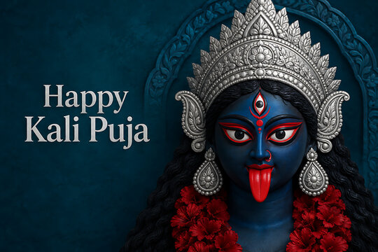Beautiful dark blue face of the divine mother wearing a silver crown for kali puja offering traditional blessings during diwali cultural events