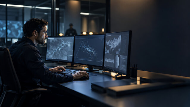 Engineer working at multiple monitors in a dark operations room