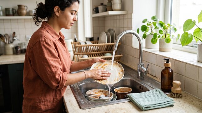 Roommate rinses dishes in a shared apartment sink