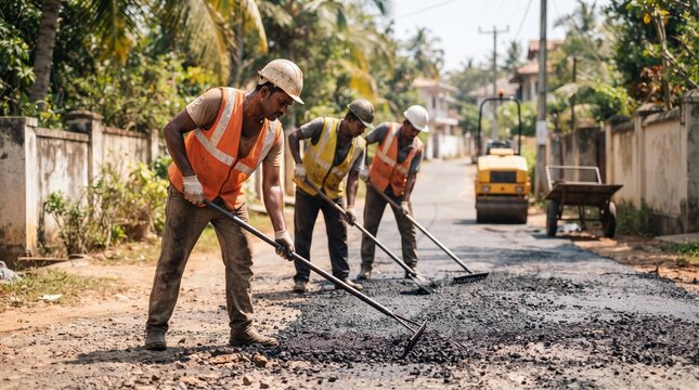 Sri Lankan crew spreads cool asphalt on local road
