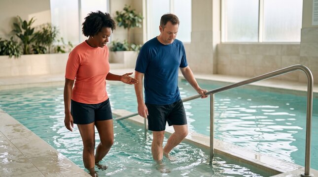 Instructor guides adult beginner along an accessible pool ramp
