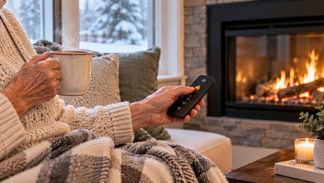 Senior person holding a warm mug and remote control to a cozy fireplace in a comfortable home during winter season