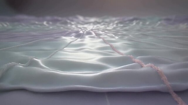 Reacting to point impact, iridescent surface forming central vortex and sending foam crest, closeup