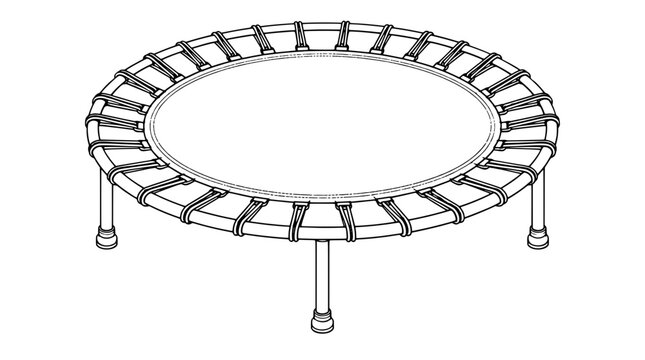 Black outline vector icon of a round fitness trampoline with bungee loops around rim supported by three short legs drawn in thin lines in centered composition highlighting taut sturdy mat