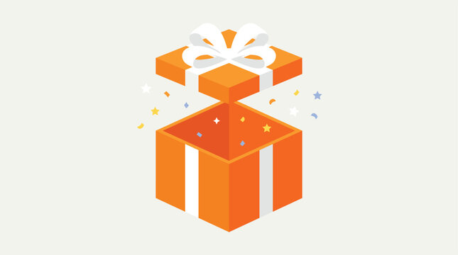 Vibrant orange gift box pops open with a white ribbon bow and floating confetti stars against a neutral cream background.