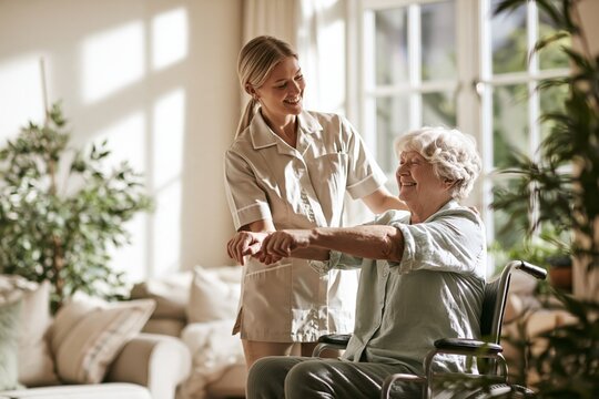81 year old woman practices seated mobility with a physiotherapist Generative AI