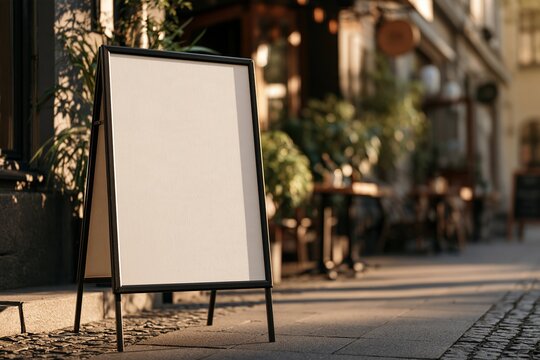 Blank A frame sidewalk sign outside a cafe in warm afternoon sunlight Generative AI