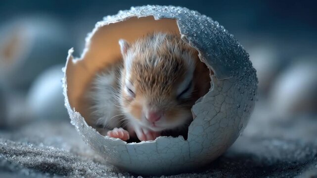 Adorable bunny sleeping inside a cracked eggshell in a soft, dreamy setting