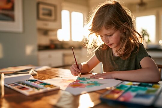 Child paints flowers at a kitchen table in morning sunlight Generative AI