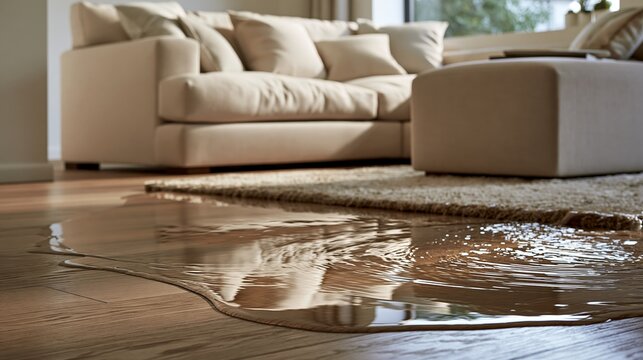 Water from a plumbing leak covers part of a living room floor Generative AI