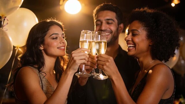 Sharing smiles three friends dressed raising flutes clinking and sipping at bar for party balloons