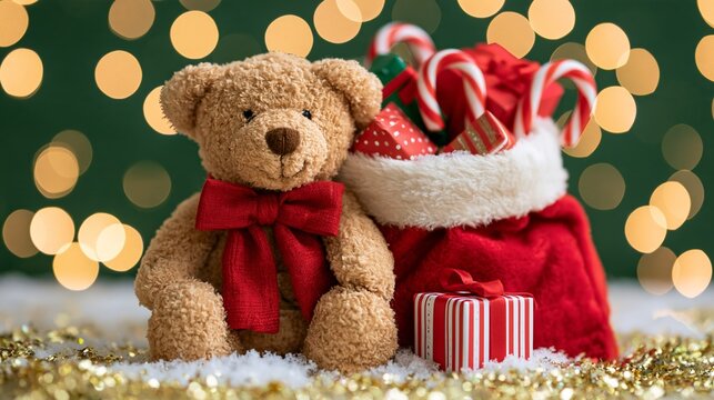 Teddy bear in a Santa sack with gifts and candy canes on snow Generative AI