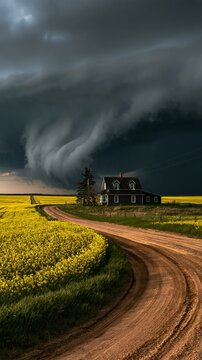 Tornado cloud over a country field with yellow flowers, house, and dirt road Generative AI