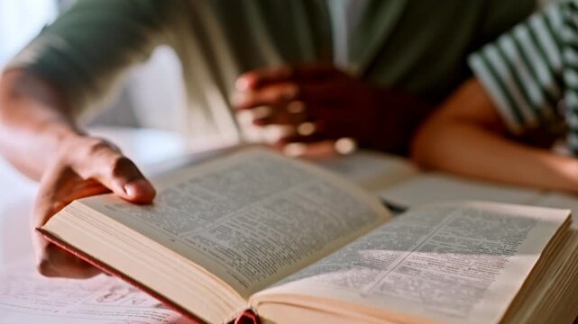 Dad flipping dictionary pages helping son with homework. Closeup book hands.