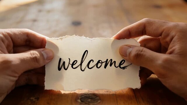 Entering hands presenting torn welcome card over wooden table, adjusting grip to display word