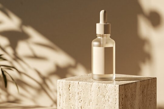 Blank serum dropper bottle on a travertine pedestal in studio sunlight Generative AI