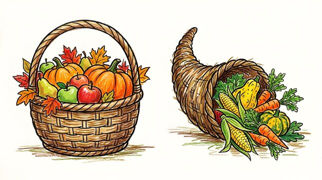 Illustration of a woven basket filled with autumn fruits and a cornucopia overflowing with fresh vegetables, isolated on white background