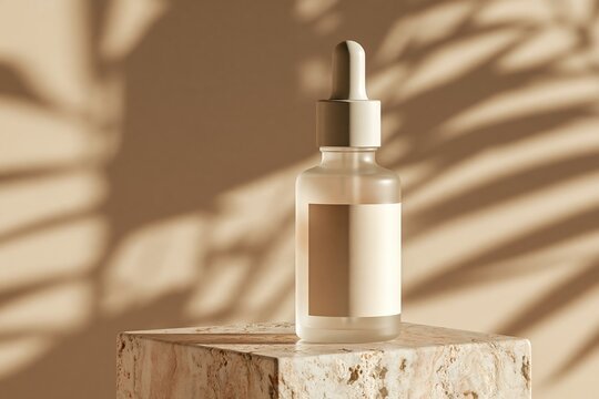 Blank serum dropper bottle on a travertine pedestal in studio sunlight Generative AI